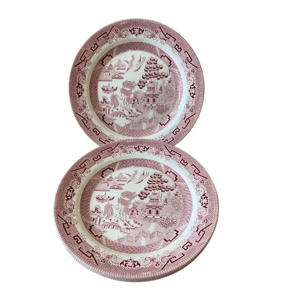 Queen's England WILLOW ROSA Porcelain Dinner Plates 10in Red White Set of 4 New